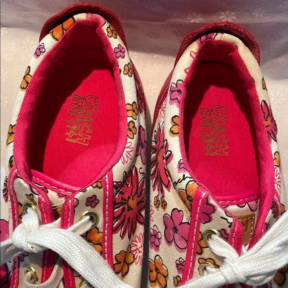 COACH Pink and White Sneakers Floral Canvas Design Laces EUC - Picture 6 of 13